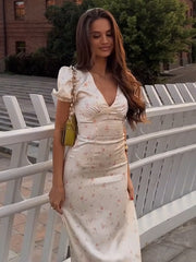 Floral V-neck tight waist dress