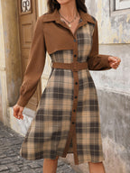 Vintage shirt collar plaid dress coat