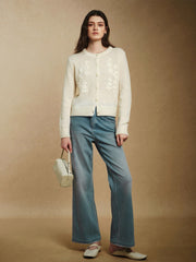 Three-dimensional crochet alpaca wool knitted cardigan