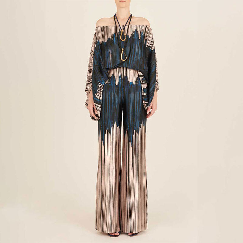 Printed Crew Neck Loose Bat Sleeve Waist Wide Leg Pants Fashion Suit