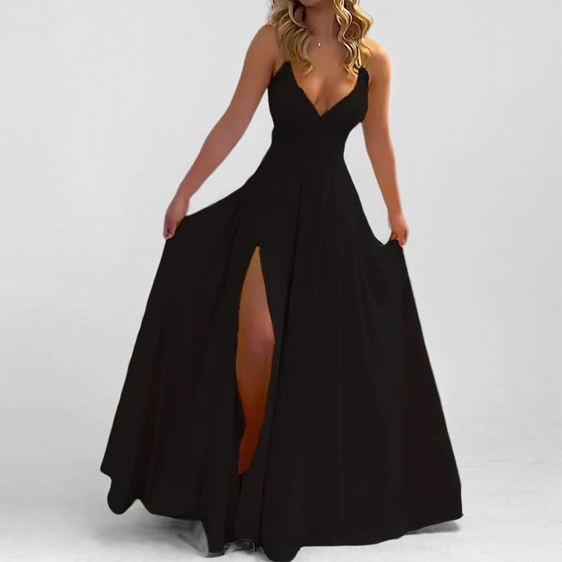 Stylish solid color suspender sexy slim-fit split-ended fungus edge dress