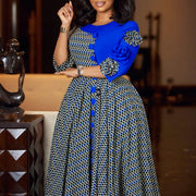 Temperament elegant round neck seven-quarter sleeve print splicing dress