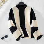 Loose crew neck knitted sweater contrasting colors
