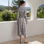 Stand up collar long-sleeved plaid fabric pleated and thin casual dress