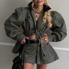 Stand up collar multi-pocket design cocoon waist jacket