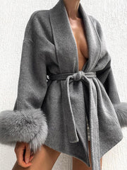 Solid color lace-up splicing wool cuffs woolen jacket