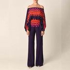 Printed Crew Neck Loose Bat Sleeve Waist Wide Leg Pants Fashion Suit