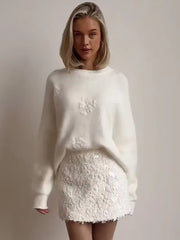 Solid color crew neck knitted jacquard sweater