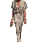 Stylish skinny print kinky mid-rise sexy V-neck spring dress