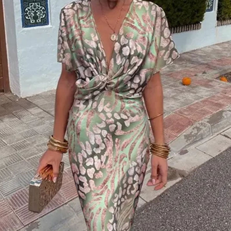 Stylish skinny print kinky mid-rise sexy V-neck spring dress