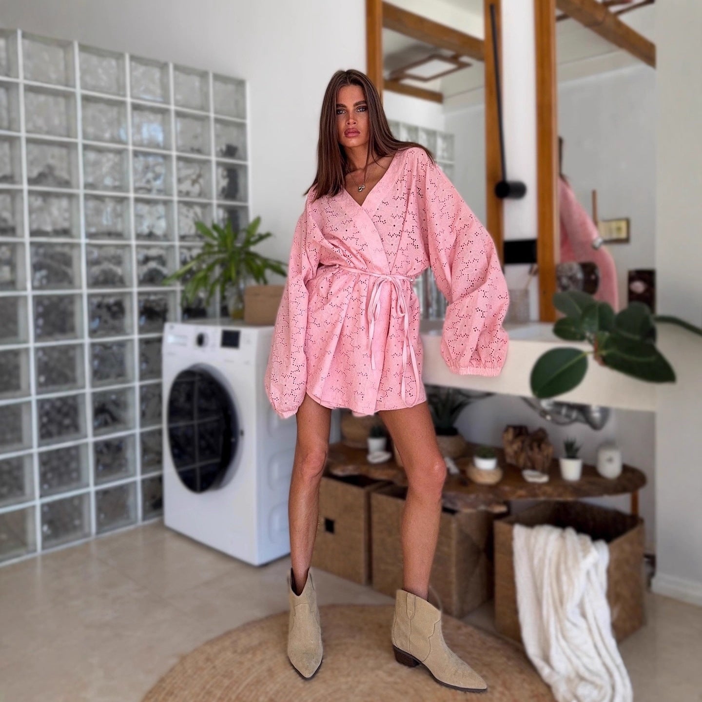 Hollow lace-up bathrobe