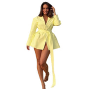 Solid color wide shoulder lace-up waist long-sleeved suit