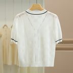 Simple striped V-neck plaid short-sleeved knitted sweater