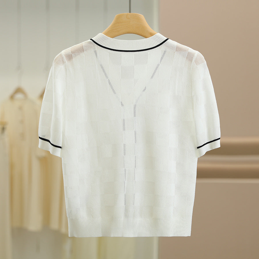 Simple striped V-neck plaid short-sleeved knitted sweater