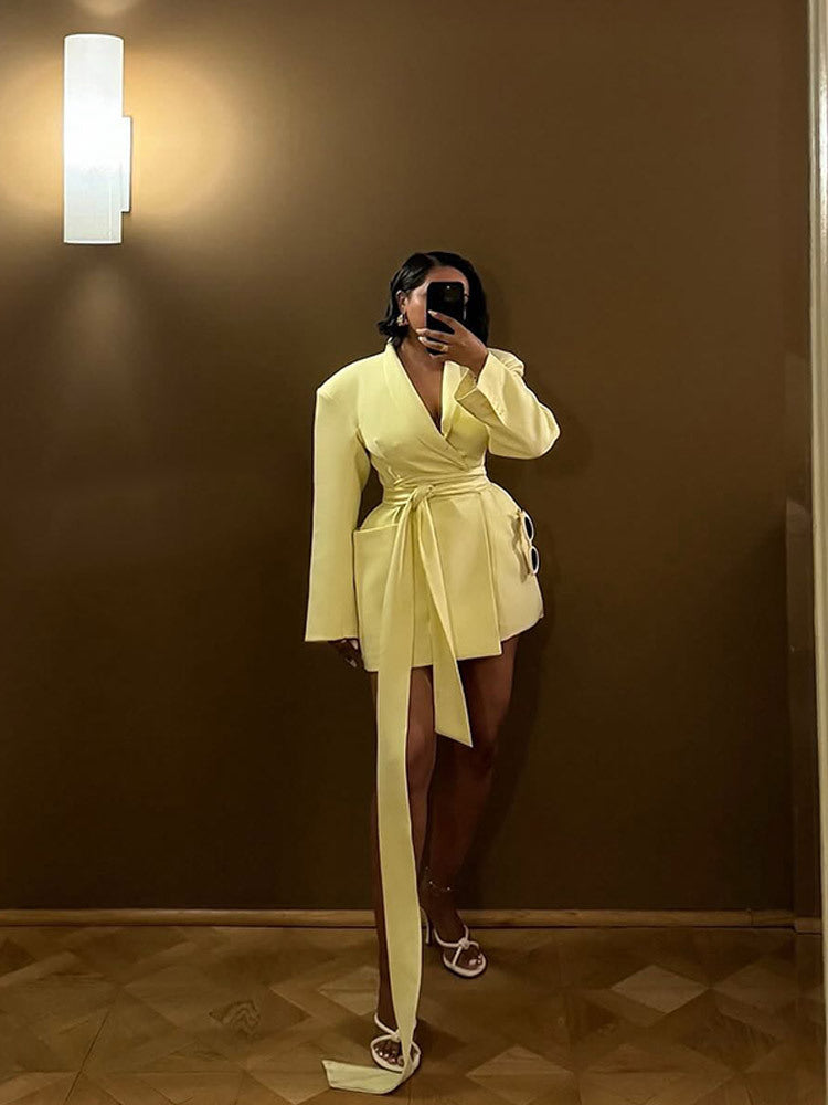 Solid color wide shoulder lace-up waist long-sleeved suit