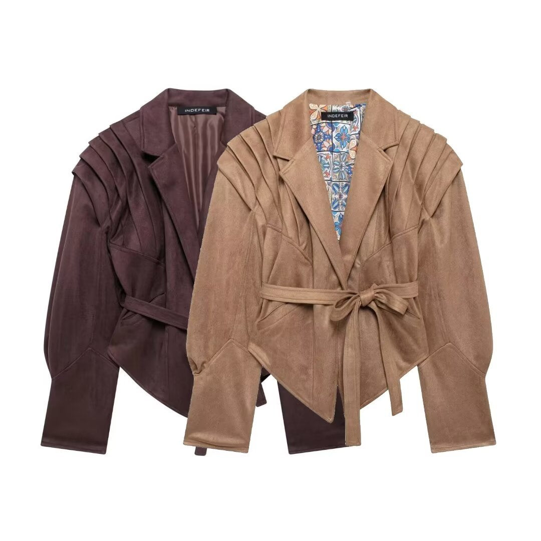 Suede slim jacket with waist straps
