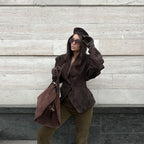 V-neck waist long-sleeved suede jacket