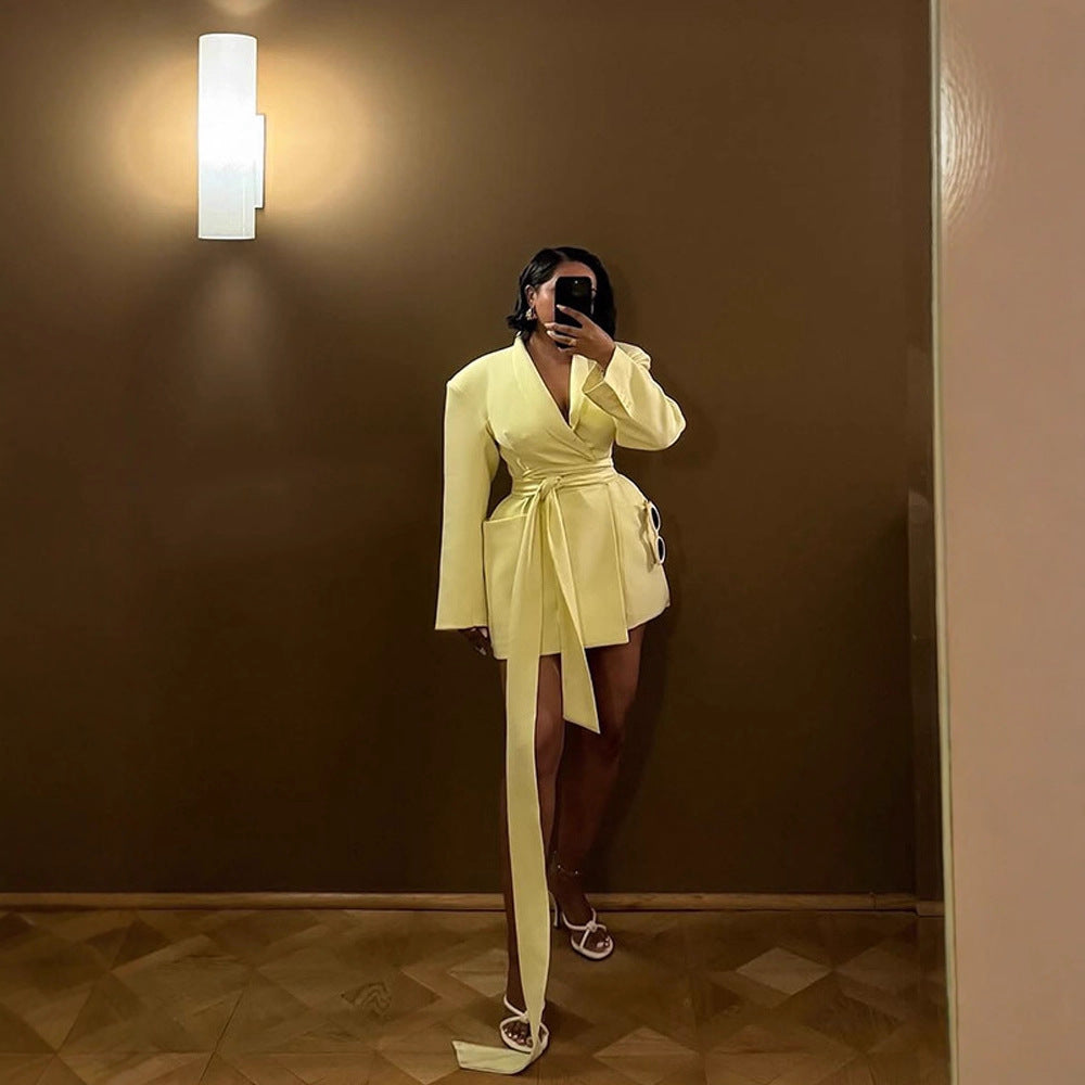 Solid color wide shoulder lace-up waist long-sleeved suit