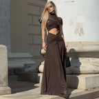 Solid color mesh splicing dress