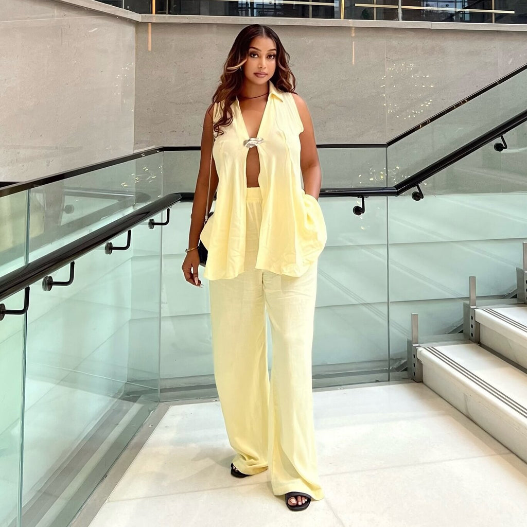 New temperament sexy lapel sleeveless top straight trousers two-piece set