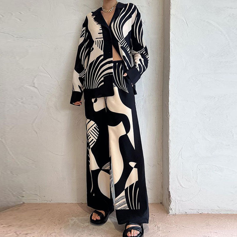 Printed Crew Neck Loose Bat Sleeve Waist Wide Leg Pants Fashion Suit