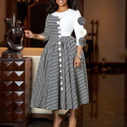 Temperament elegant round neck seven-quarter sleeve print splicing dress