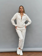 Solid color long sleeved zipper loose top lace up trousers