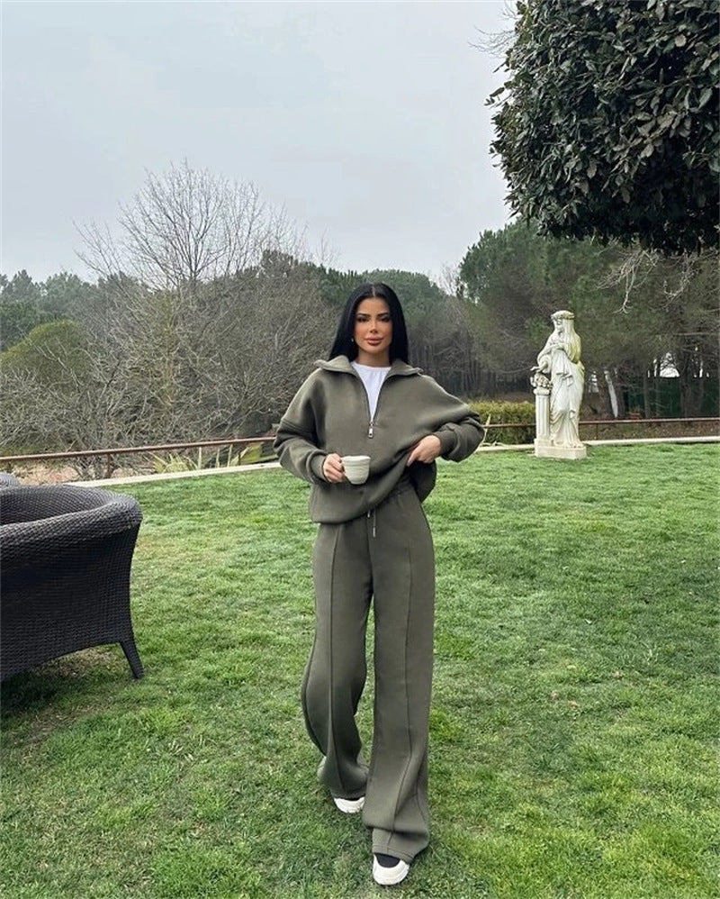 Half open pullover sweater trousers