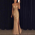 New slit broken foil dress long skirt evening dress