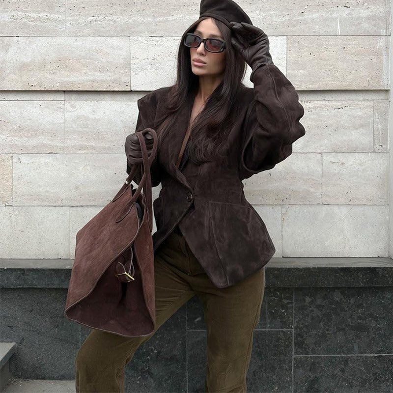 V-neck waist long-sleeved suede jacket