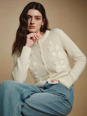 Three-dimensional crochet alpaca wool knitted cardigan