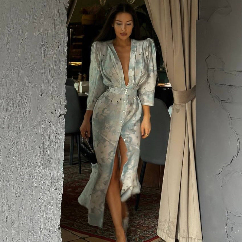 Printed V-Neck High Waist Split Bubble Sleeve Dress