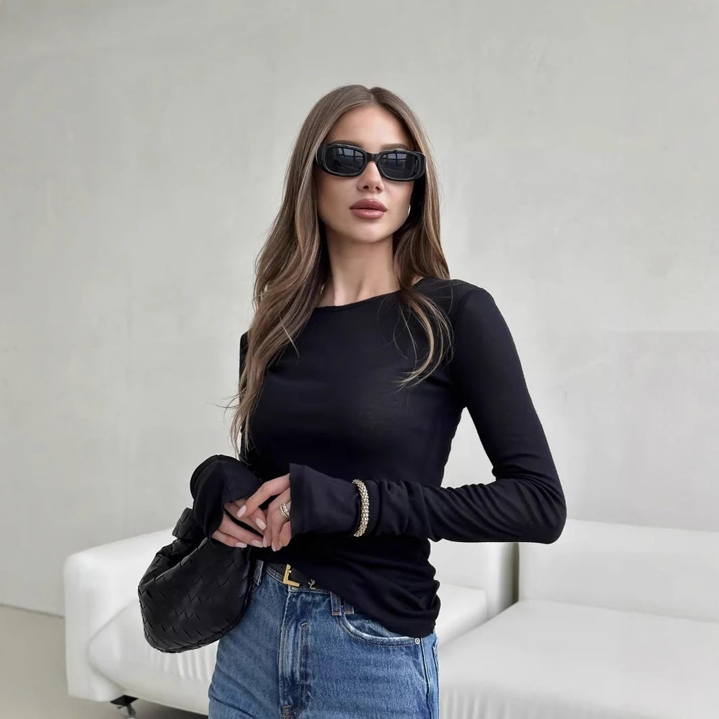 Solid Color Fashion Slim Fit Round Neck Flared Long Sleeve Top