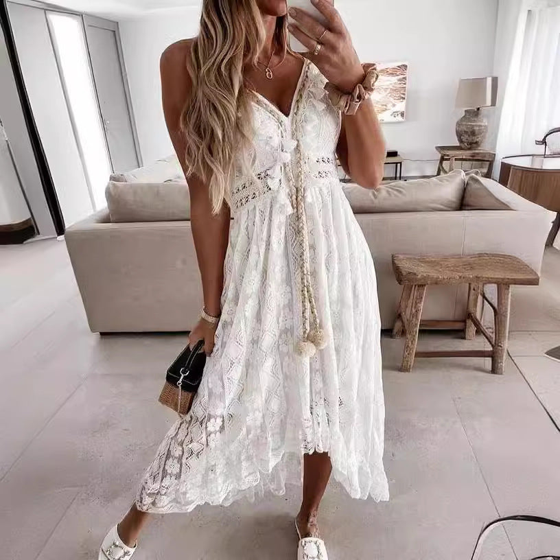 Lace suspender pendulum solid color dress