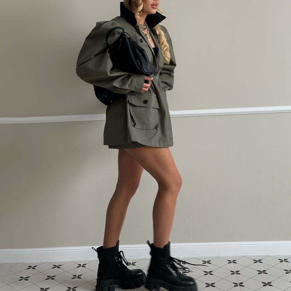 Stand up collar multi-pocket design cocoon waist jacket