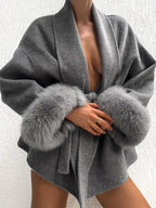 Solid color lace-up splicing wool cuffs woolen jacket