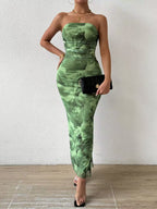 Mesh floral pleated sexy tight split strapless tube top dress