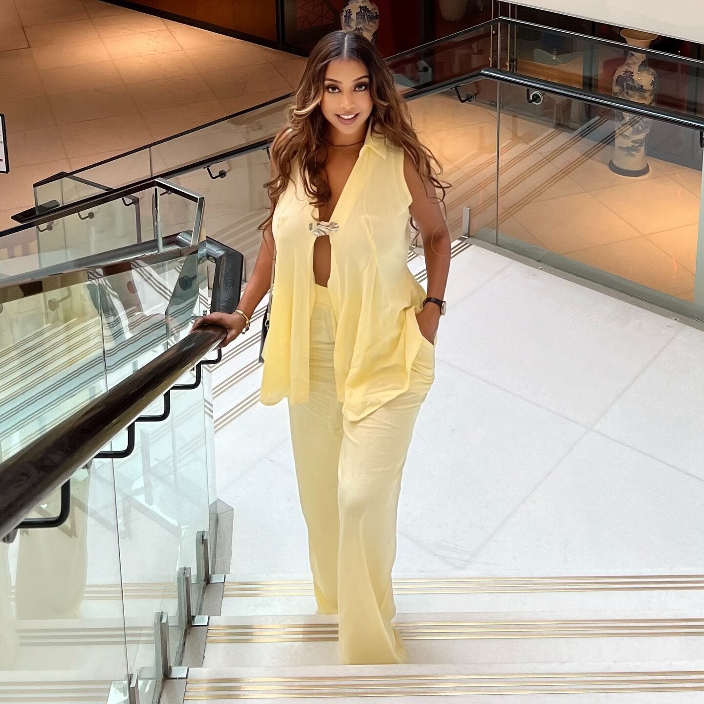 New temperament sexy lapel sleeveless top straight trousers two-piece set