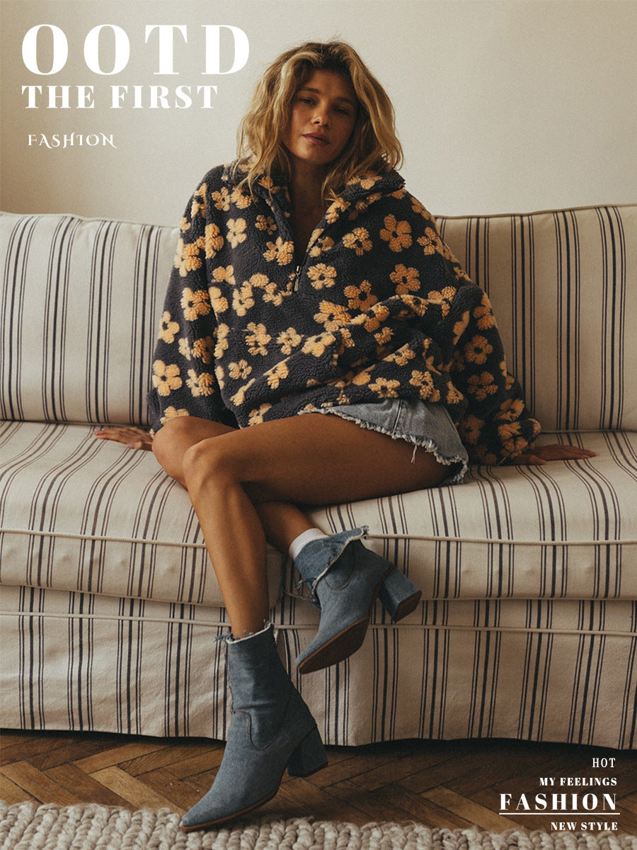 Fashion sweater warm fleece flower woman