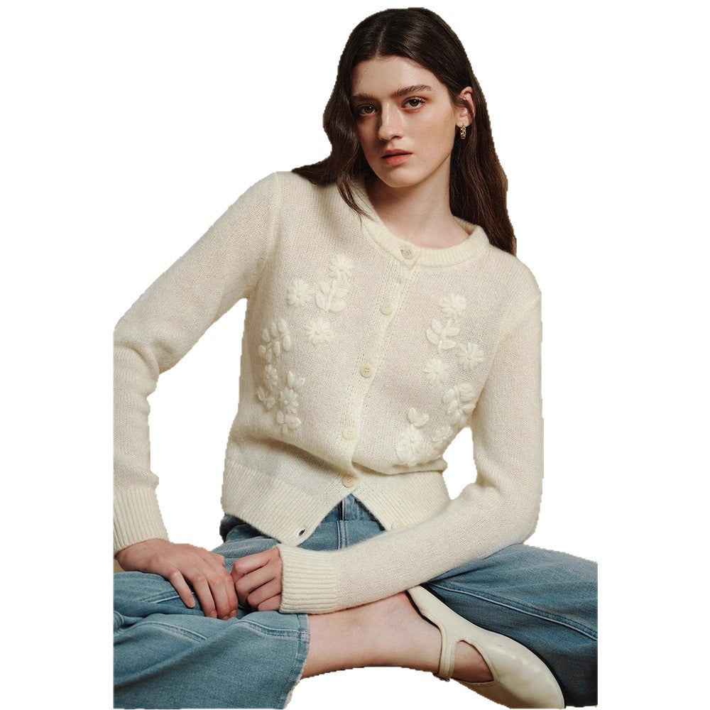 Three-dimensional crochet alpaca wool knitted cardigan