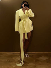 Solid color wide shoulder lace-up waist long-sleeved suit