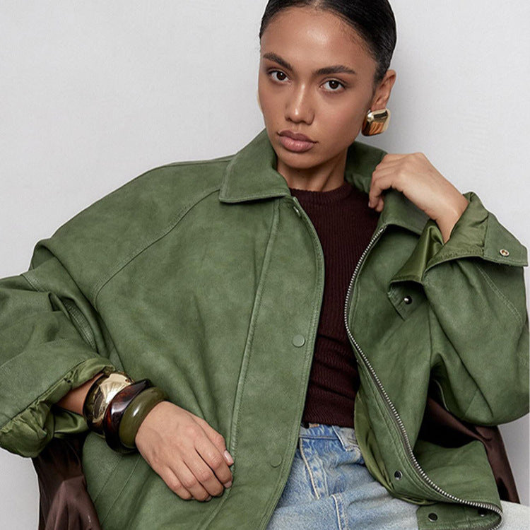 Solid color lapel leather jacket