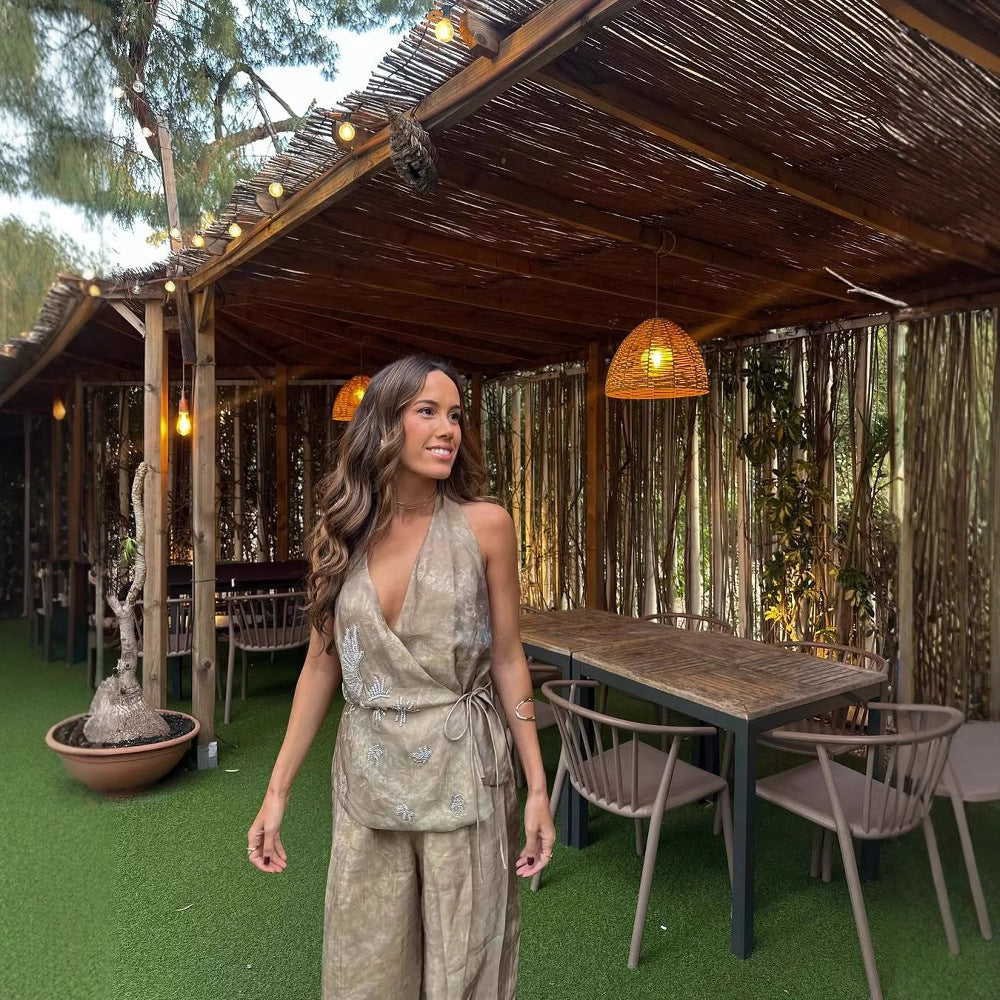 Printed sleeveless lace-up top + wide-leg pants set