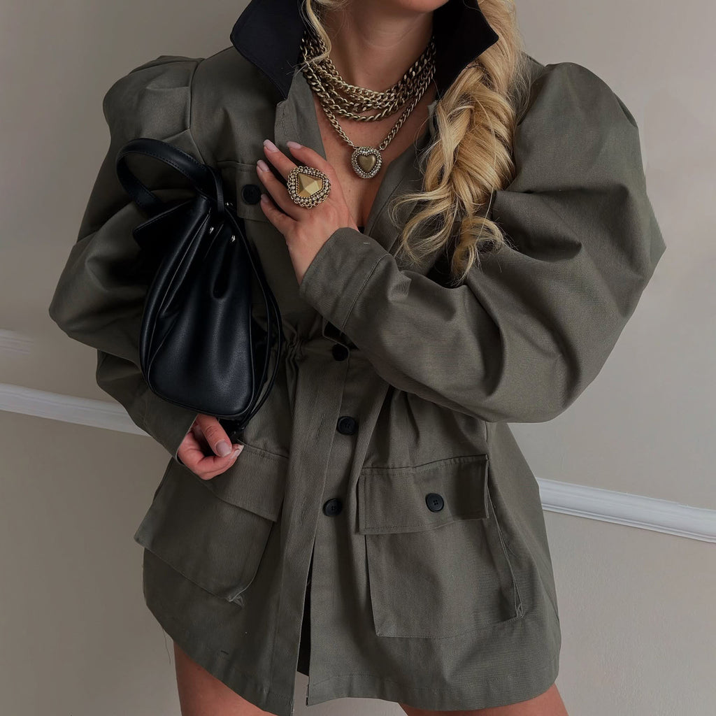 Stand up collar multi-pocket design cocoon waist jacket