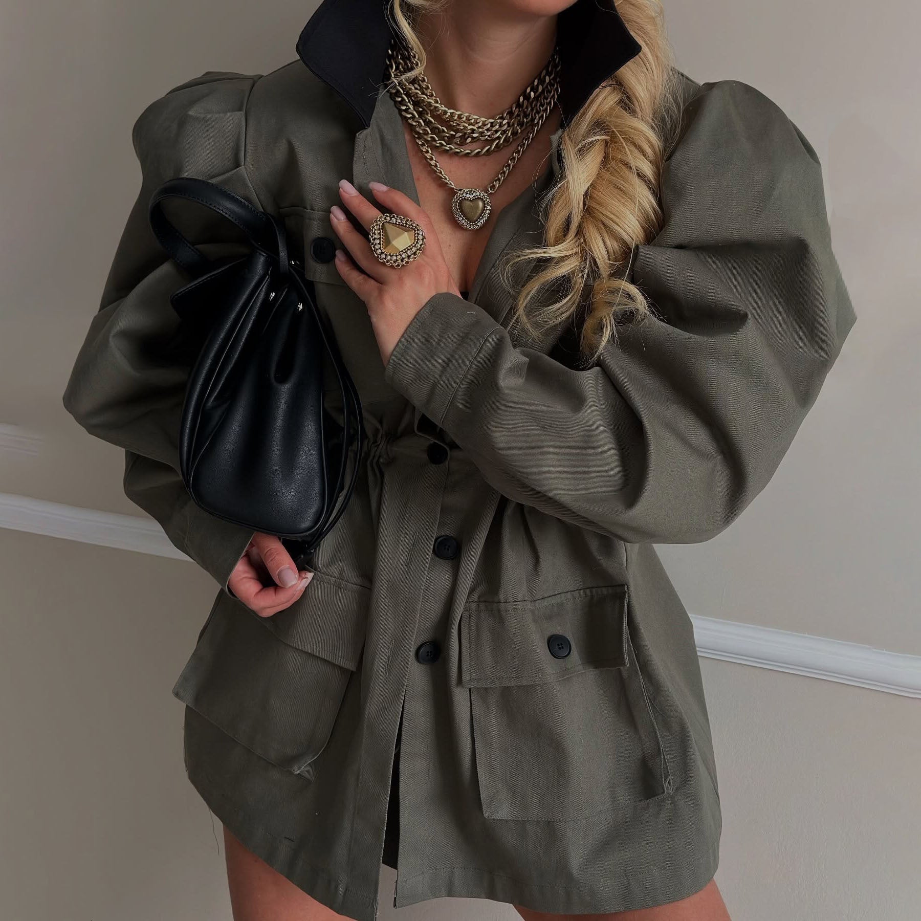 Stand up collar multi-pocket design cocoon waist jacket