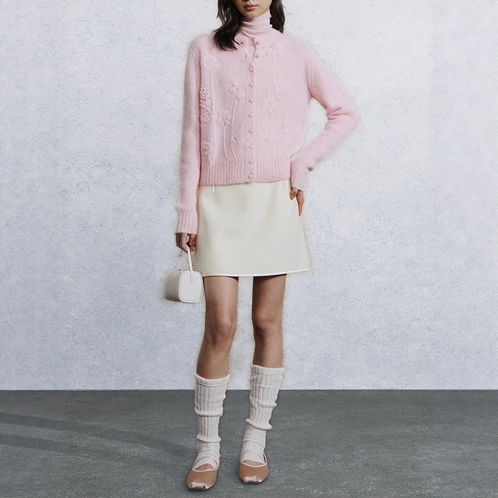 Three-dimensional crochet alpaca wool knitted cardigan