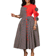 Temperament elegant round neck seven-quarter sleeve print splicing dress