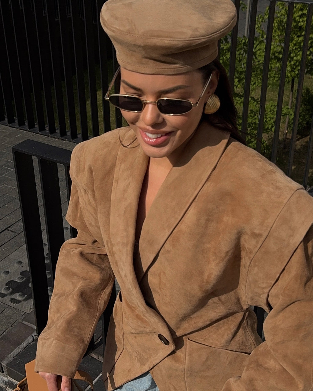 Suede shoulder padded suit jacket