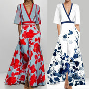 Temperament V-neck printed strap-up large skirt dress