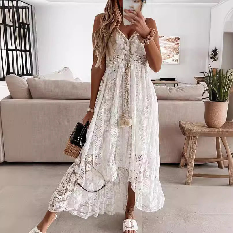 Lace suspender pendulum solid color dress